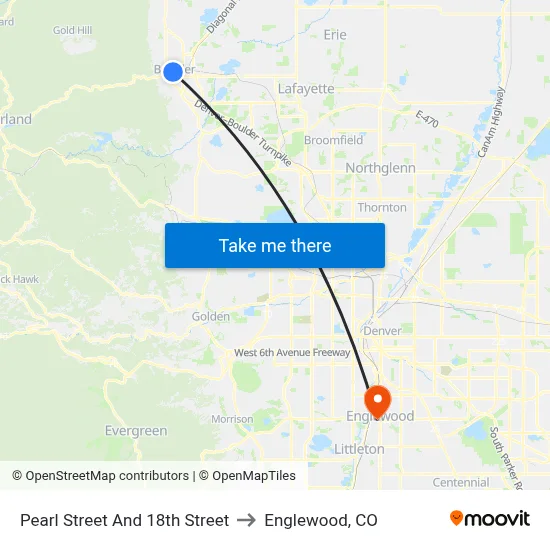 Pearl Street And 18th Street to Englewood, CO map
