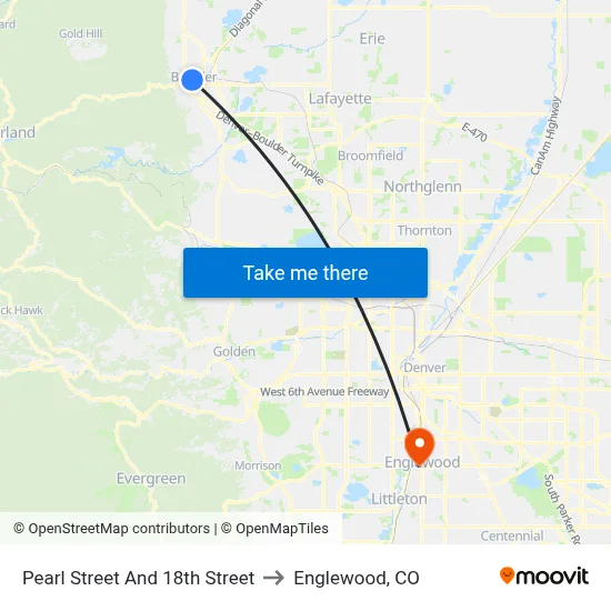 Pearl Street And 18th Street to Englewood, CO map