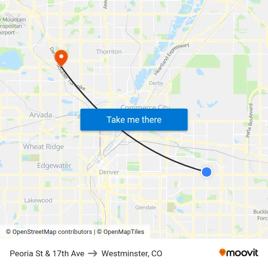 Peoria St & 17th Ave to Westminster, CO map