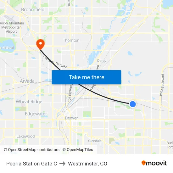 Peoria Station Gate C to Westminster, CO map