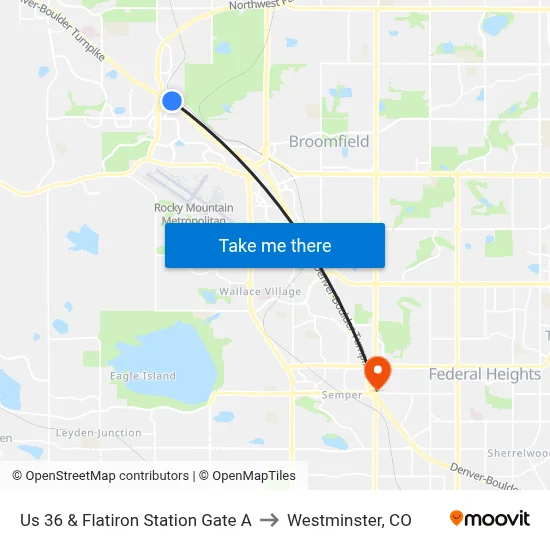 Us 36 & Flatiron Station Gate A to Westminster, CO map