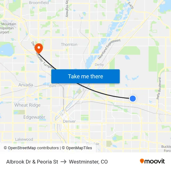 Albrook Dr & Peoria St to Westminster, CO map