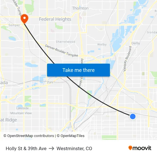 Holly St & 39th Ave to Westminster, CO map