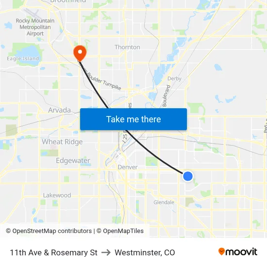 11th Ave & Rosemary St to Westminster, CO map