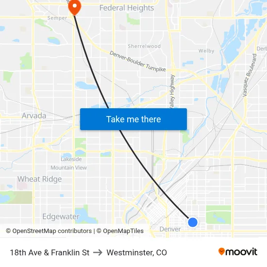 18th Ave & Franklin St to Westminster, CO map