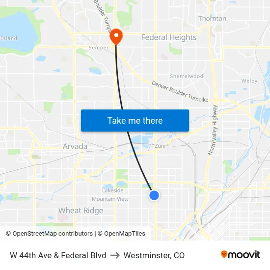W 44th Ave & Federal Blvd to Westminster, CO map