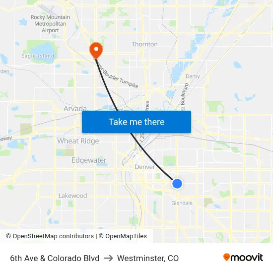 6th Ave & Colorado Blvd to Westminster, CO map