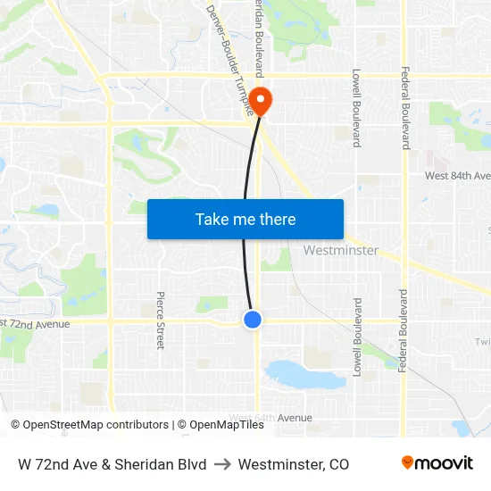 W 72nd Ave & Sheridan Blvd to Westminster, CO map