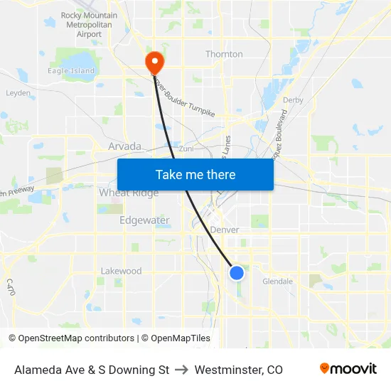Alameda Ave & S Downing St to Westminster, CO map