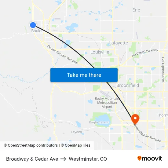 Broadway & Cedar Ave to Westminster, CO map