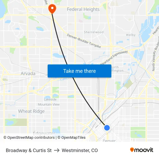 Broadway & Curtis St to Westminster, CO map