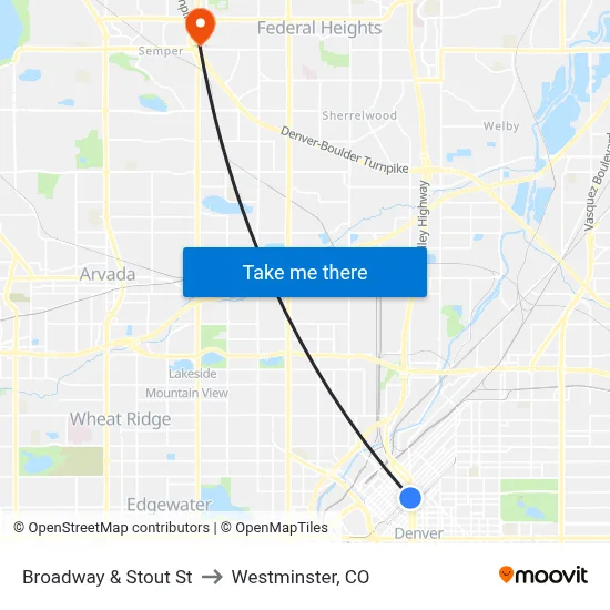 Broadway & Stout St to Westminster, CO map