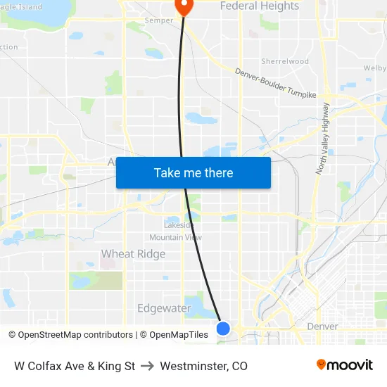 W Colfax Ave & King St to Westminster, CO map