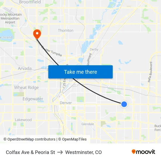 Colfax Ave & Peoria St to Westminster, CO map