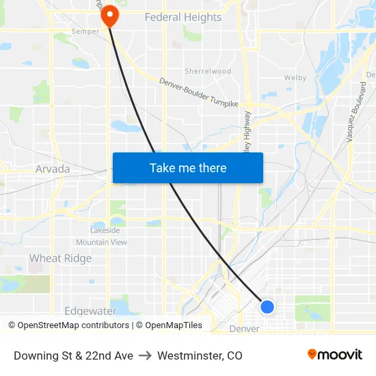 Downing St & 22nd Ave to Westminster, CO map