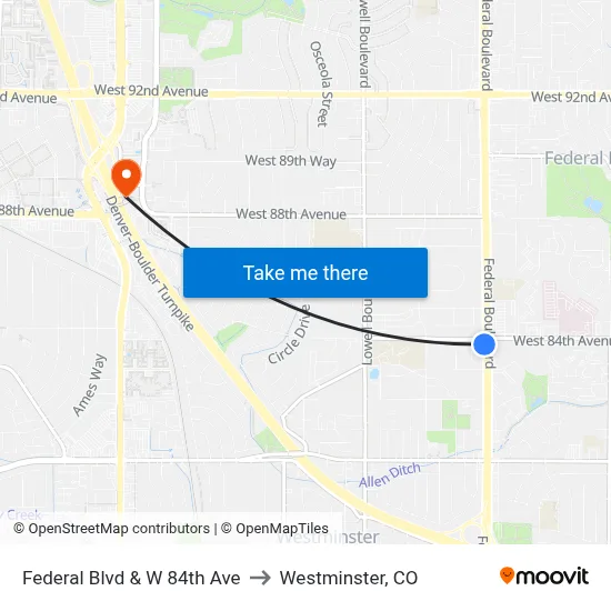 Federal Blvd & W 84th Ave to Westminster, CO map