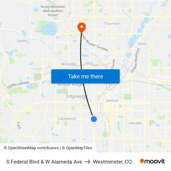 S Federal Blvd & W Alameda Ave to Westminster, CO map