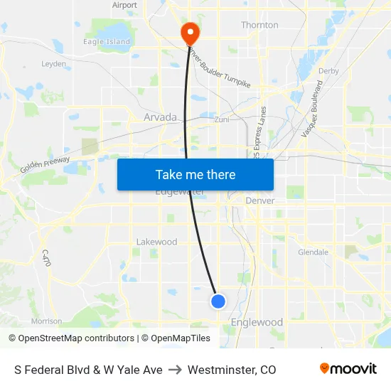 S Federal Blvd & W Yale Ave to Westminster, CO map