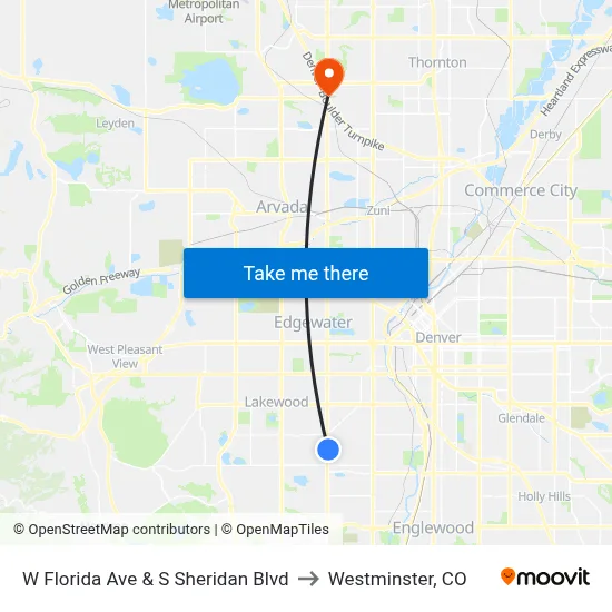 W Florida Ave & S Sheridan Blvd to Westminster, CO map