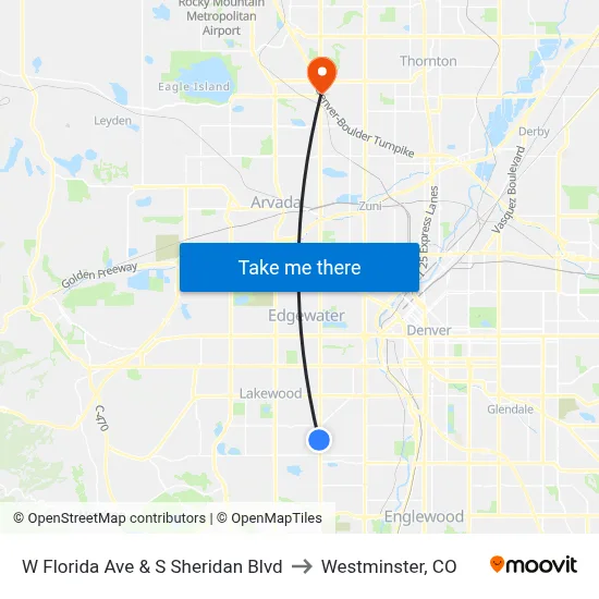 W Florida Ave & S Sheridan Blvd to Westminster, CO map
