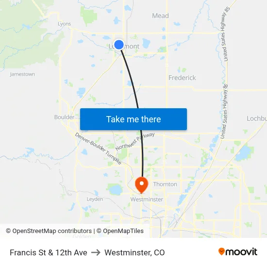 Francis St & 12th Ave to Westminster, CO map