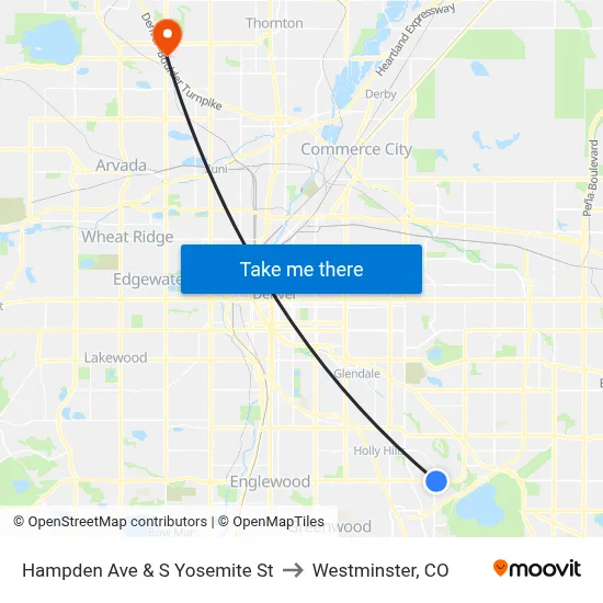 Hampden Ave & S Yosemite St to Westminster, CO map