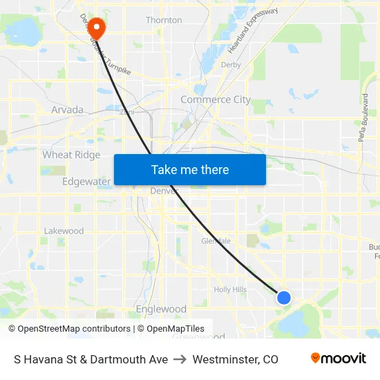 S Havana St & Dartmouth Ave to Westminster, CO map