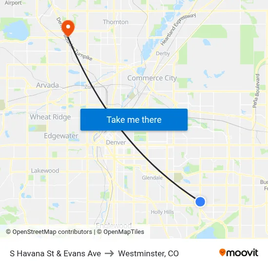 S Havana St & Evans Ave to Westminster, CO map