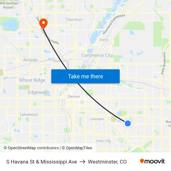 S Havana St & Mississippi Ave to Westminster, CO map