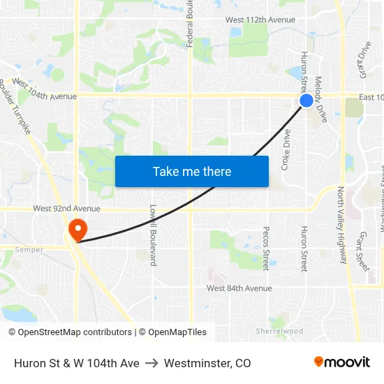 Huron St & W 104th Ave to Westminster, CO map