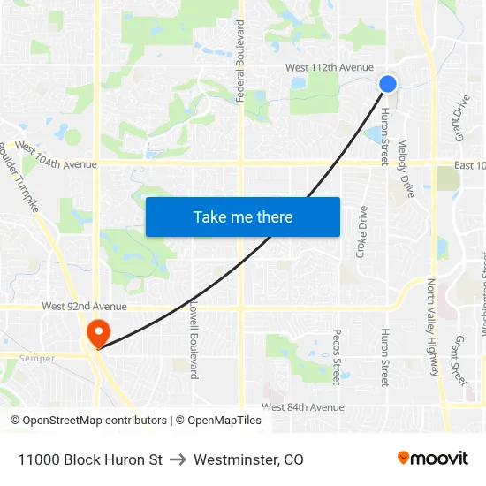 11000 Block Huron St to Westminster, CO map