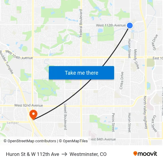 Huron St & W 112th Ave to Westminster, CO map