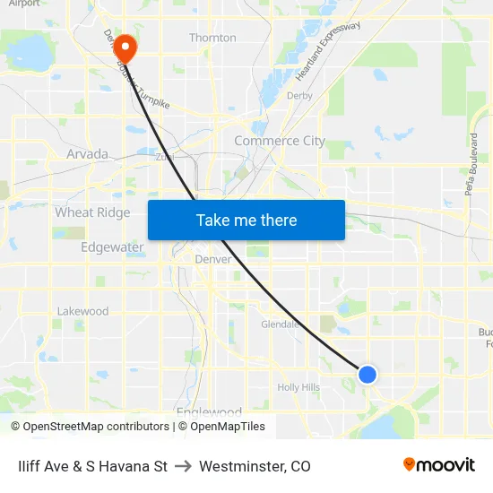 Iliff Ave & S Havana St to Westminster, CO map