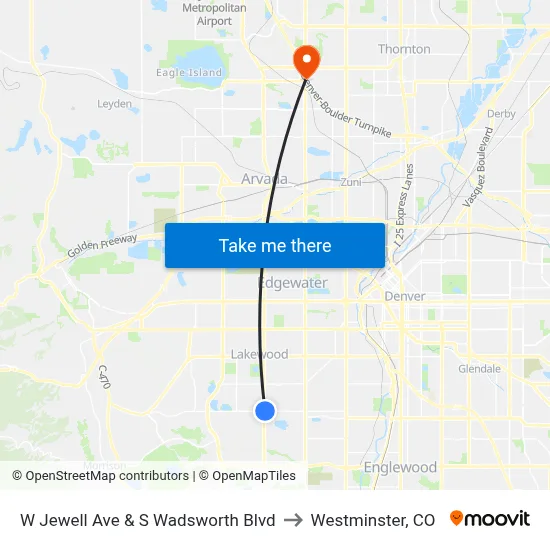 W Jewell Ave & S Wadsworth Blvd to Westminster, CO map