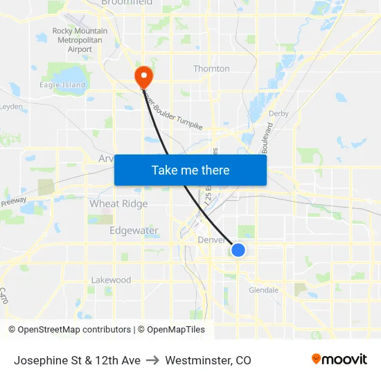 Josephine St & 12th Ave to Westminster, CO map