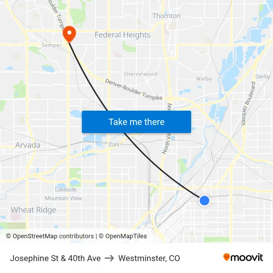Josephine St & 40th Ave to Westminster, CO map