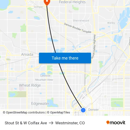 Stout St & W Colfax Ave to Westminster, CO map