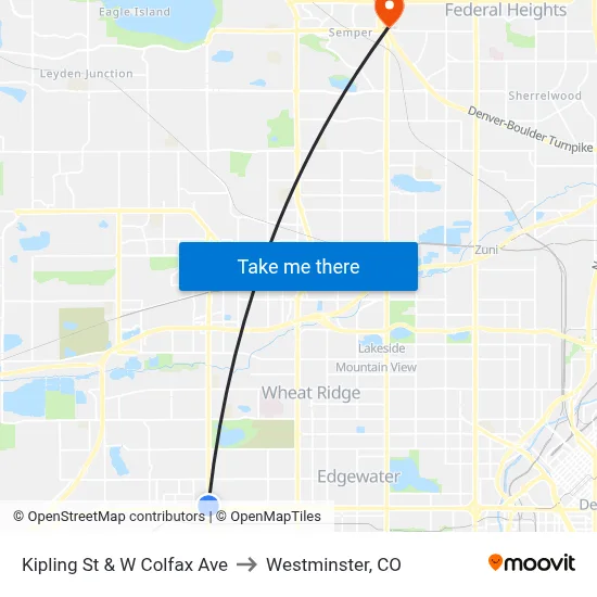 Kipling St & W Colfax Ave to Westminster, CO map