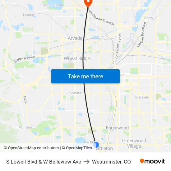 S Lowell Blvd & W Belleview Ave to Westminster, CO map