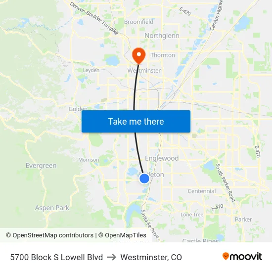 5700 Block S Lowell Blvd to Westminster, CO map
