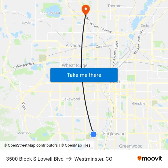 3500 Block S Lowell Blvd to Westminster, CO map