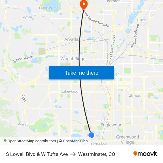 S Lowell Blvd & W Tufts Ave to Westminster, CO map