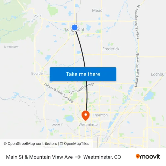 Main St & Mountain View Ave to Westminster, CO map
