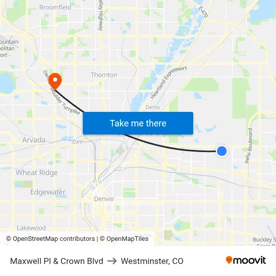 Maxwell Pl & Crown Blvd to Westminster, CO map