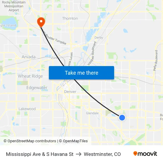 Mississippi Ave & S Havana St to Westminster, CO map