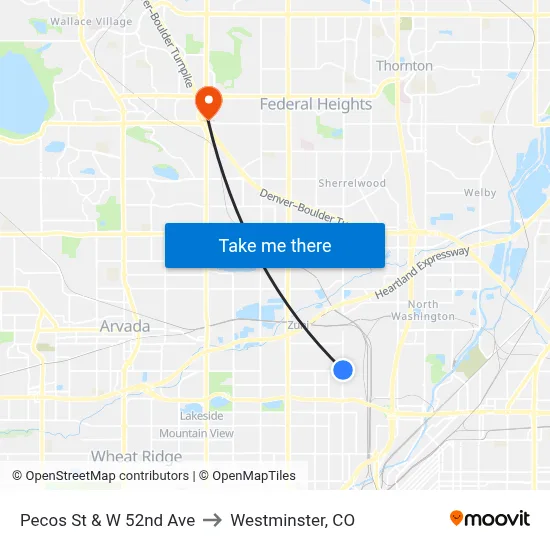 Pecos St & W 52nd Ave to Westminster, CO map