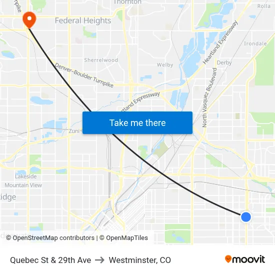 Quebec St & 29th Ave to Westminster, CO map