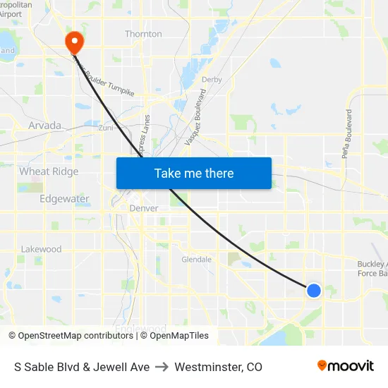S Sable Blvd & Jewell Ave to Westminster, CO map