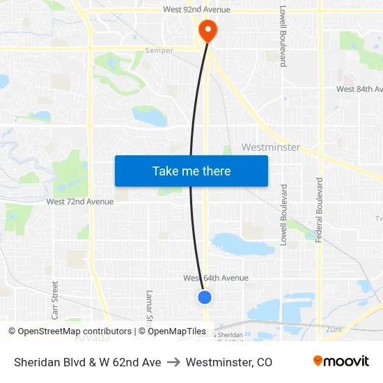Sheridan Blvd & W 62nd Ave to Westminster, CO map