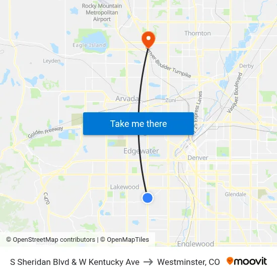 S Sheridan Blvd & W Kentucky Ave to Westminster, CO map